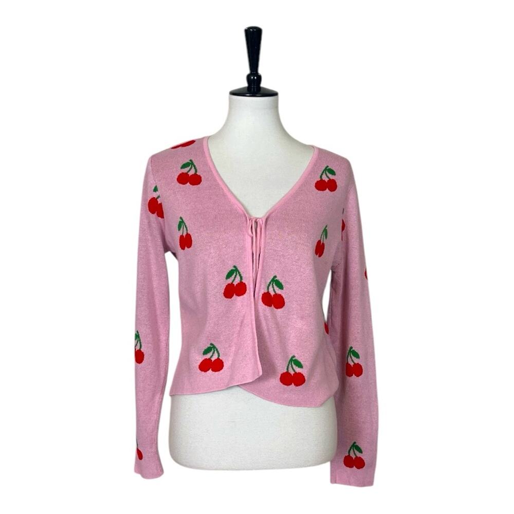 Nikkak Cardigan Sweater Tie Front Cropped Pink Red Cherry Pattern Women Size XL